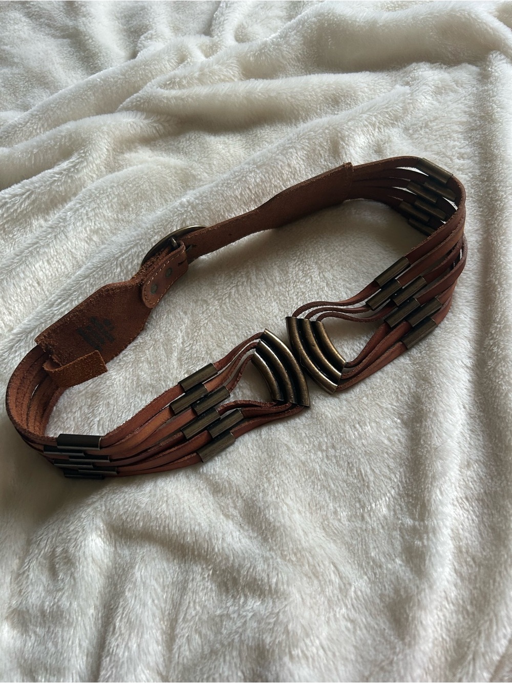 Anthropologie lucky penny brown genuine leather brass waist belt womens S